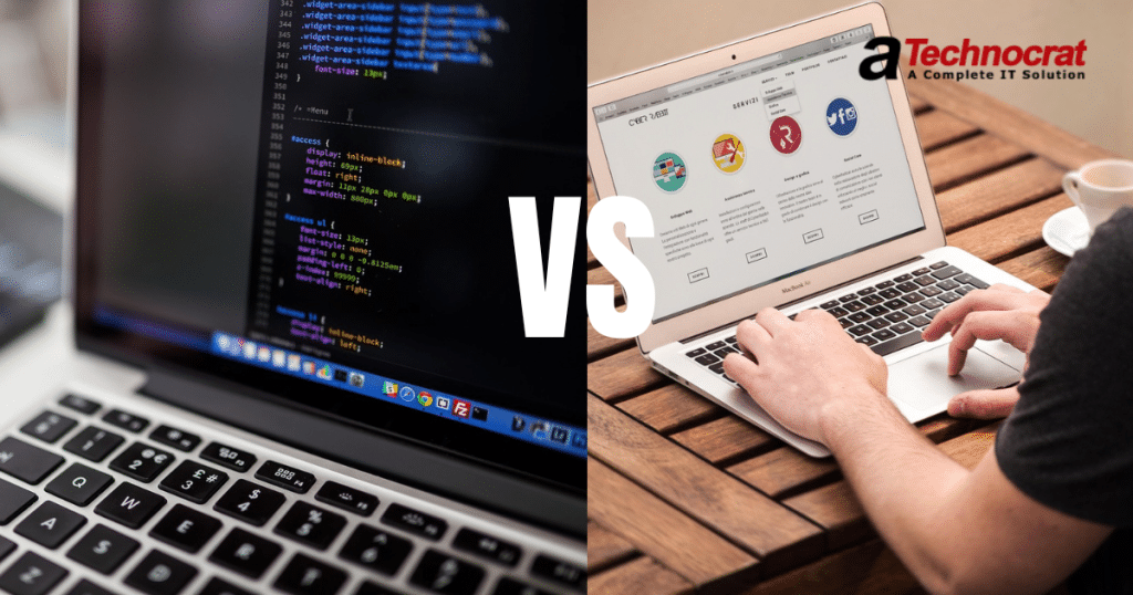 The image shows that on one side a laptop with code and on the other side a person changing template, depicting custom website vs template.
