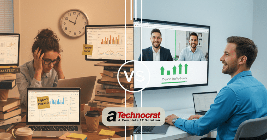 DIY SEO vs professional SEO services side by side comparison showing costs and time investment differences