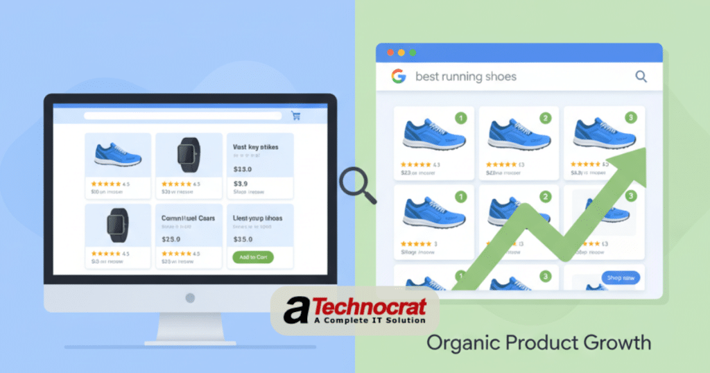 Ecommerce SEO guide showing online store optimization for Google rankings with product pages and search results