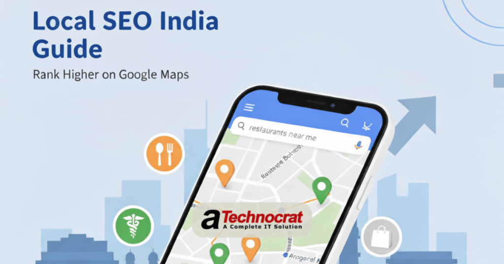 Local SEO India complete guide showing smartphone with Google Maps, business listings, and 5-star reviews for Indian businesses ranking higher in local search results