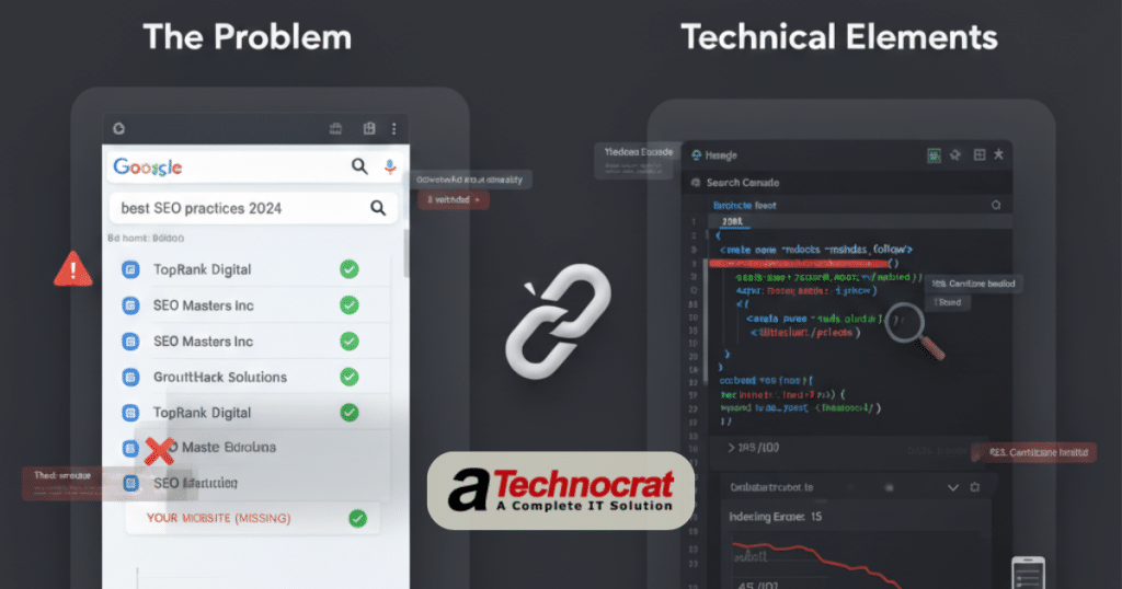 Developer debugging why website doesn't appear on Google with code editor showing SEO technical errors and search console warnings