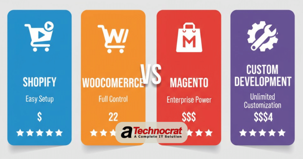 Ecommerce platform comparison infographic showing Shopify vs WooCommerce vs Magento vs Custom Development with costs and difficulty levels for 2025