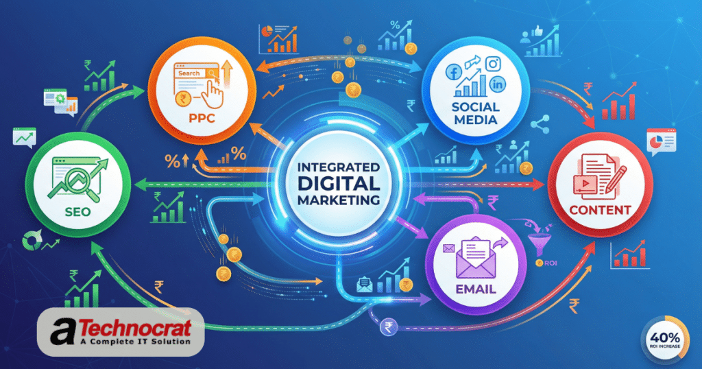 Integrated digital marketing strategy infographic showing SEO, PPC, social media, email and content marketing channels connected for maximum ROI