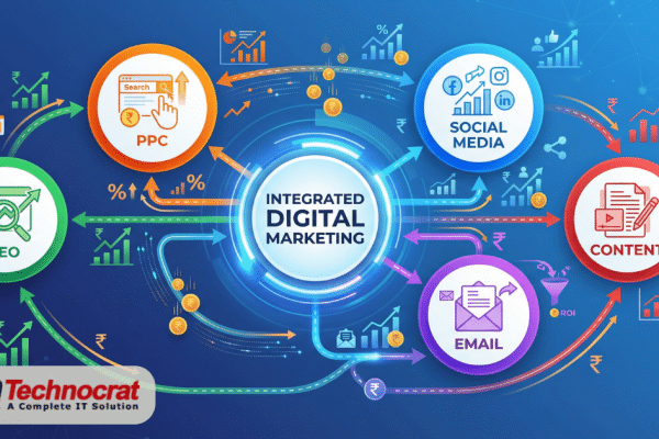Integrated digital marketing strategy infographic showing SEO, PPC, social media, email and content marketing channels connected for maximum ROI