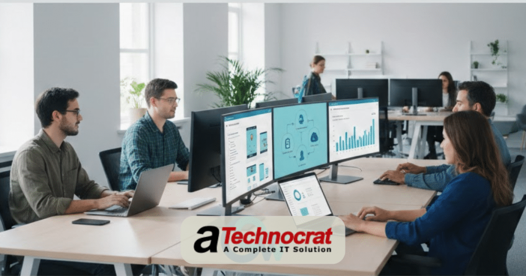 Custom web application development team building software solutions on multiple monitors showing responsive web design and business analytics dashboards