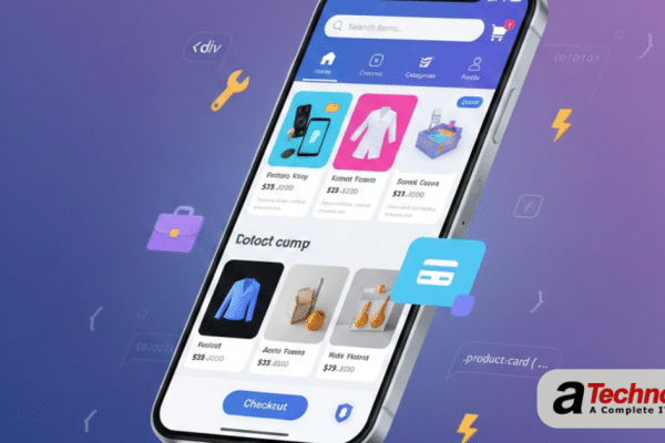 Professional e-commerce mobile app development featured image showing smartphone with shopping app interface, development icons, and modern UI design elements