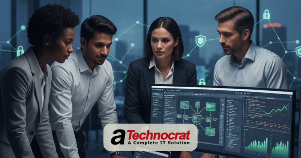 Enterprise web development team collaborating on scalable solutions for large organizations with multiple monitors showing complex web applications