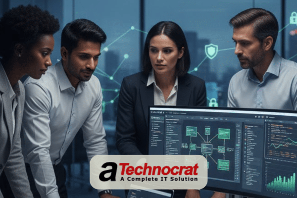 Enterprise web development team collaborating on scalable solutions for large organizations with multiple monitors showing complex web applications