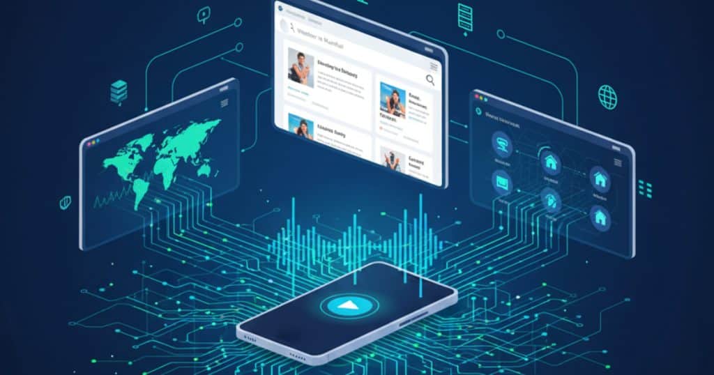 Voice search SEO 2026 optimization showing smartphone with voice input connected to AI neural network and search results with technology elements