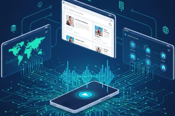 Voice search SEO 2026 optimization showing smartphone with voice input connected to AI neural network and search results with technology elements