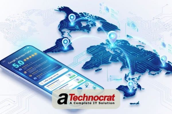 Hyper local SEO 2026 visualization showing AI-powered multi location SEO strategy with connected global business locations, Google Business Profile optimization, and automated local search results across multiple markets