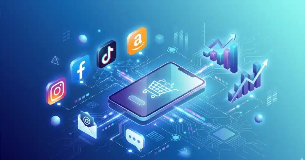 Omnichannel ecommerce marketing 2026 with AI automation showing multiple sales channels including social commerce, marketplaces, and email connected through intelligent systems
