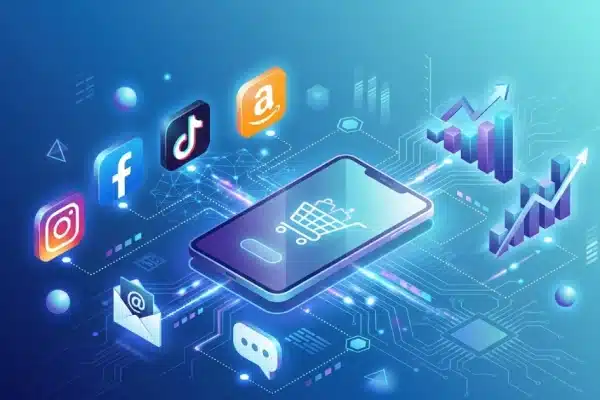 Omnichannel ecommerce marketing 2026 with AI automation showing multiple sales channels including social commerce, marketplaces, and email connected through intelligent systems