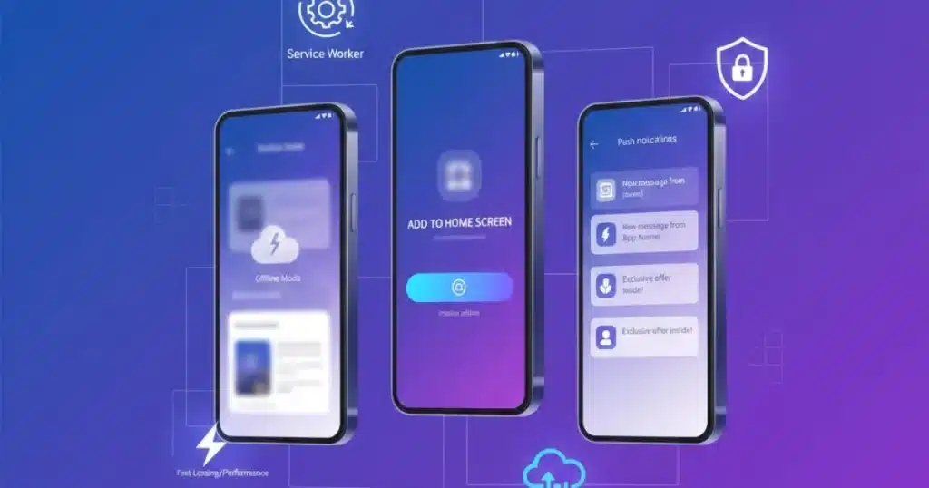 Progressive web apps 2026 showing mobile-first web development with offline functionality and app-like features on smartphone screens