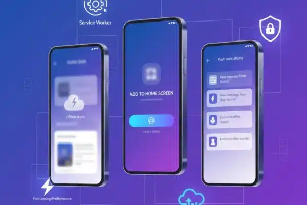 Progressive web apps 2026 showing mobile-first web development with offline functionality and app-like features on smartphone screens
