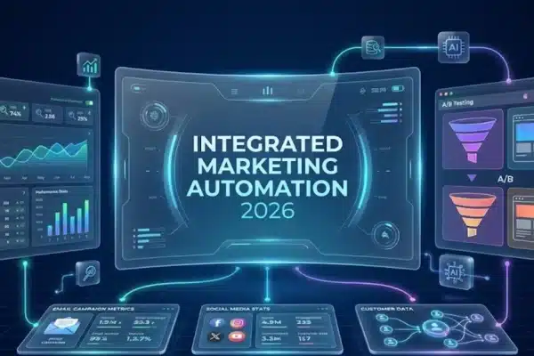 Integrated marketing automation 2026 dashboard showing unified SEO analytics email campaigns and website design performance metrics