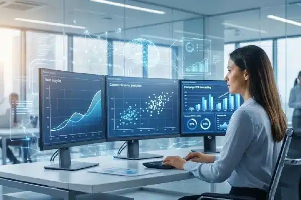 Predictive marketing analytics 2026 dashboard showing AI marketing intelligence and customer behavior forecasting for global businesses