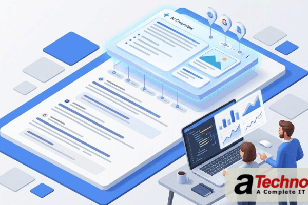 Google AI Overview SEO 2026 optimization guide showing AI-generated search results with structured content and schema markup strategies
